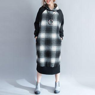 Long-sleeve Hooded Check Panel Dress