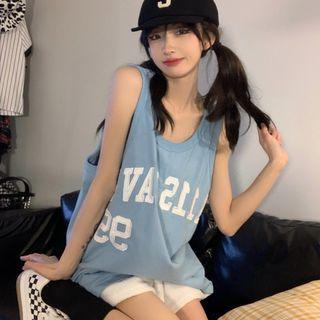 Lettering Long Tank Top Blue - One Size