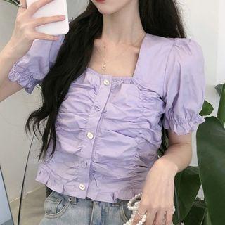 Puff-sleeve Square-neck Ruched Blouse