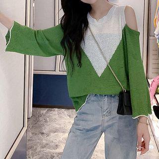 Color Block Cold Shoulder Long-sleeve Knit Top