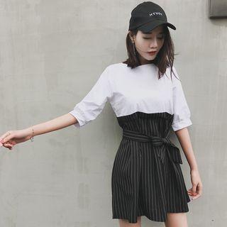 Mock Two-piece Striped Panel Elbow-sleeve Dress