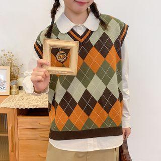 V-neck Rhombus Printed Knitted Vest