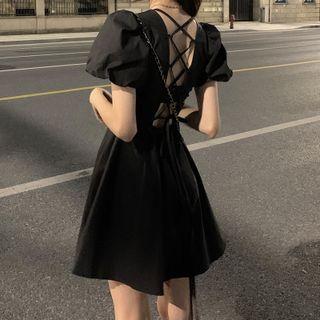 Puff-sleeve Lace-up Back A-line Dress