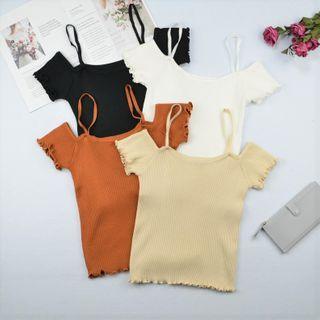 Short-sleeve Cold Shoulder Frill Trim Knit Top