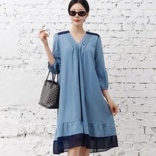 Balloon-sleeve Pintuck Ruffle Dress