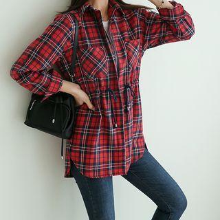 Tab-sleeve Drawstring-waist Plaid Shirt