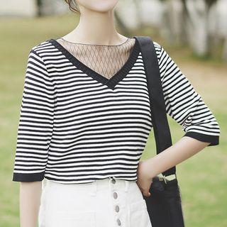 Elbow-sleeve Mesh Paneled Striped Knit Top