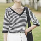 Elbow-sleeve Mesh Paneled Striped Knit Top