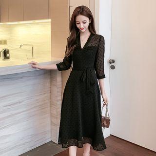 Dotted 3/4-sleeve A-line Midi Chiffon Dress