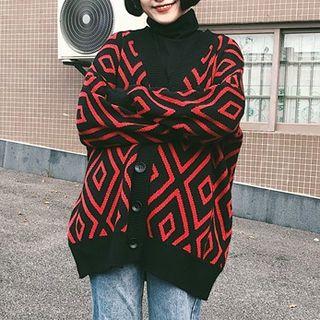 V-neck Geometric Print Long Cardigan