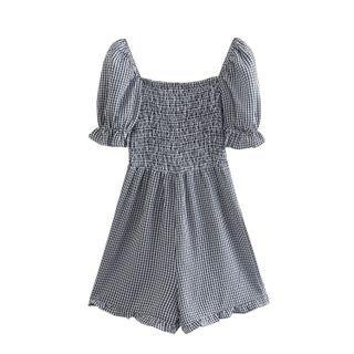 Puff-sleeve Plaid Romper