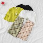 Short Sleeve Print T-shirt / Plaid Mini A-line Skirt