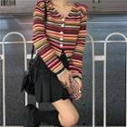 Striped V-neck Cardigan / Denim Mini A-line Pleated Skirt