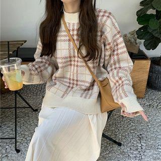 Plaid Loose-fit Sweater / Pleated Sleeveless Dress