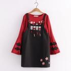 Bell-sleeve Embroidered T-shirt / Overall Dress / Set