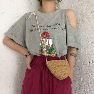 Printed Cutout Shoulder Short-sleeve T-shirt