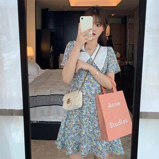 Short-sleeve Eyelet Lace Collar Floral Print Mini A-line Dress