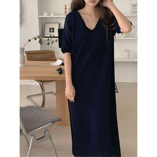 V-neck Plain Long Knit Dress