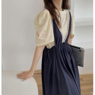 Elbow-sleeve Top / Lace Trim Midi A-line Overall Dress