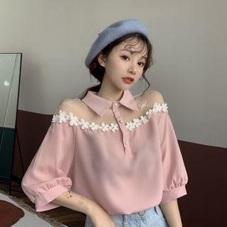 Floral Elbow-sleeve Blouse Pink - One Size