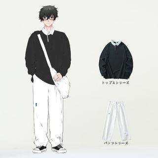 Mock Two-piece Polo-neck Sweatshirt / Wide Leg Pants / Set