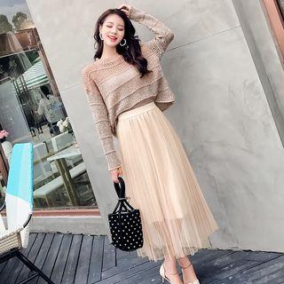 Striped Knit Top / Midi Mesh Skirt / Set