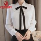 Bow Accent Pleated Collar Long Sleeve Chiffon Blouse