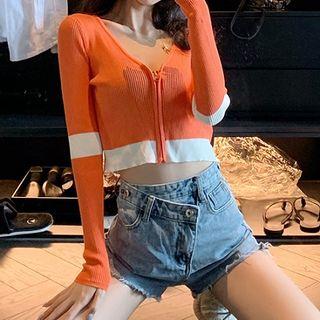 Long-sleeve Contrast Trim Zip Cropped Knit Top