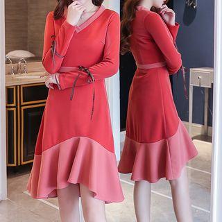Panel Long-sleeve V-neck Dress