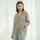 Hidden-button Leopard Silky Blouse Light Beige - One Size