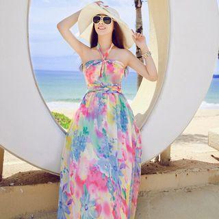 Tie-dyed Halter Sleeveless Maxi A-line Dress