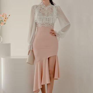 Set: Long-sleeve Lace Blouse + Cutout Mermaid Skirt