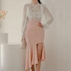 Set: Long-sleeve Lace Blouse + Cutout Mermaid Skirt