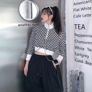Gingham Half-zip Cropped Pullover Black & White - One Size
