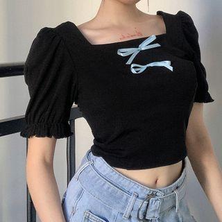 Puff-sleeve Square-neck Bow Crop Top
