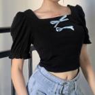 Puff-sleeve Square-neck Bow Crop Top