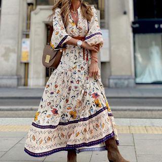 Balloon-sleeve Print Maxi A-line Dress