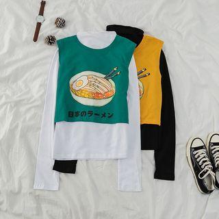 Set: Print Cropped Tank Top + Plain Long-sleeve T-shirt