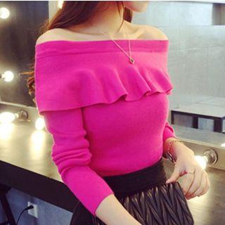 Ruffle Off-shoulder Long-sleeve Knit Top