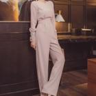 Crew-neck Long-sleeve Wide-leg Jumpsuit