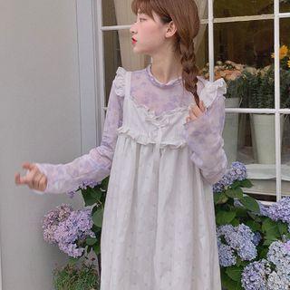 Long-sleeve Floral Mock-neck Mesh Top