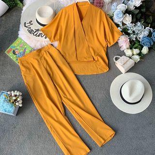 Set: V-neck Short-sleeve Top + Dress Pants