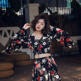 Set: Floral Long-sleeve Crop T-shirt + Maxi Skirt