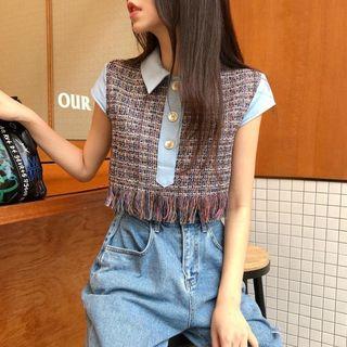 Cap-sleeve Paneled Fringed Cropped Buttoned Top Blue - One Size