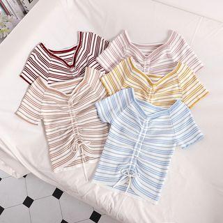 Drawstring Striped Short-sleeve T-shirt