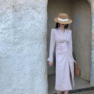 Long-sleeve Slit Midi Shirtdress