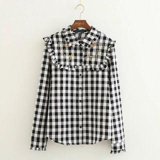 Floral Embroidered Long-sleeved Gingham Open-front Blouse