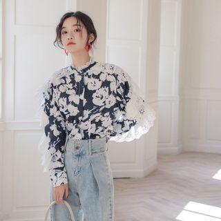 Eyelet Lace Trim Floral Long-sleeve Blouse