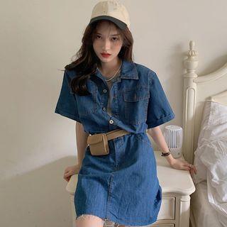 Elbow-sleeve Denim Mini Shirtdress