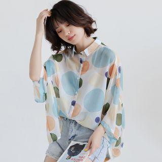 Dotted Elbow-sleeve Shirt Sky Blue - One Size